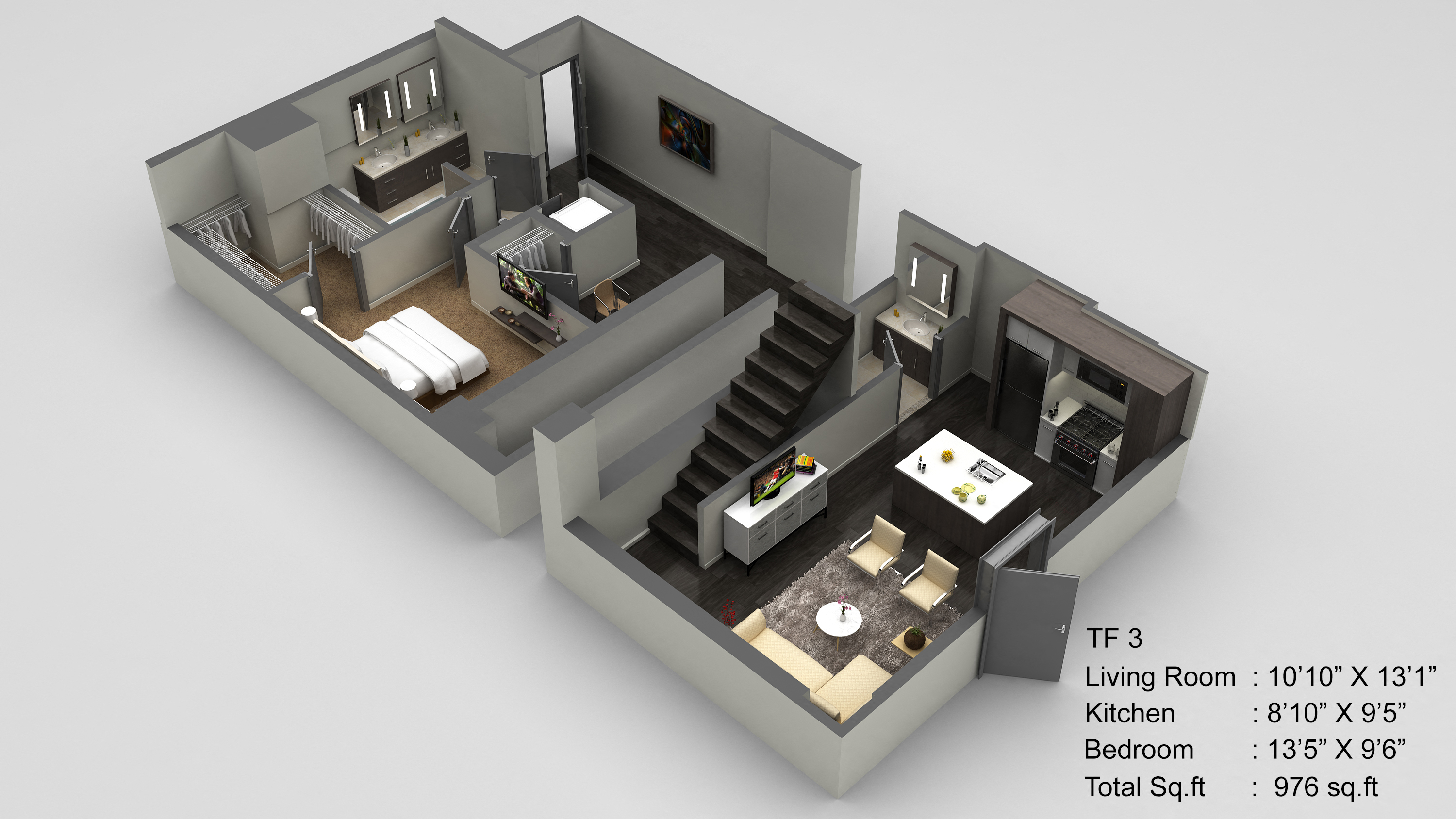 Floor plan for 1 bed, 1.5 baths, 976 sqft